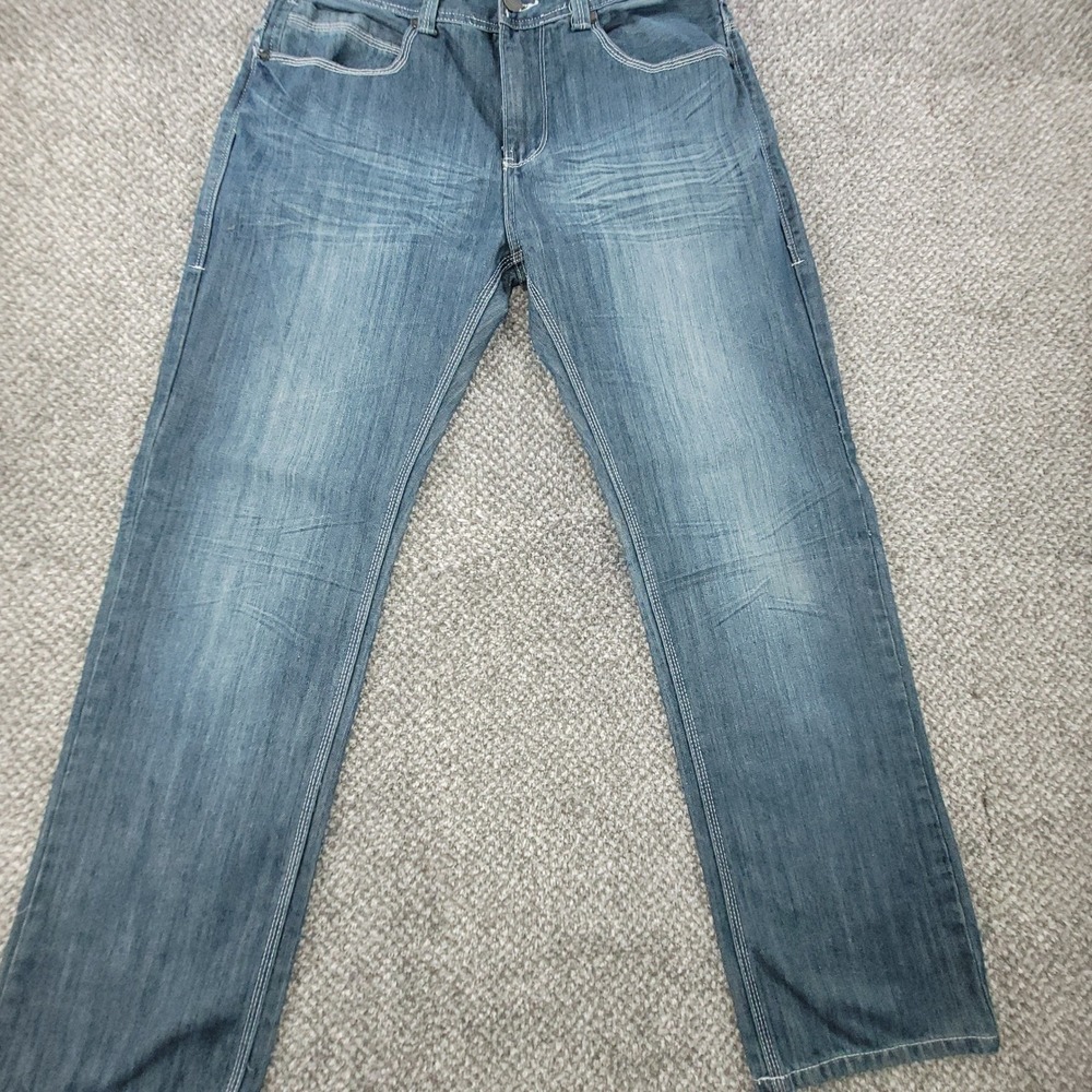 Lamasini Mens Straight Leg Jeans‎ 36x32 Blue Denim Contrast Stitch Distressed